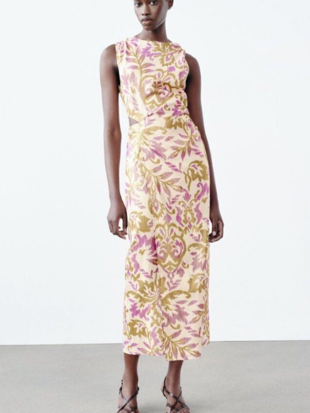 Zara purple and gold metallic floral midi dress